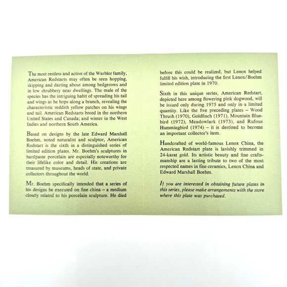 1975 Lenox American Redstart Collector Plate Boehm Birds Series Limited Edition - Picture 8 of 9